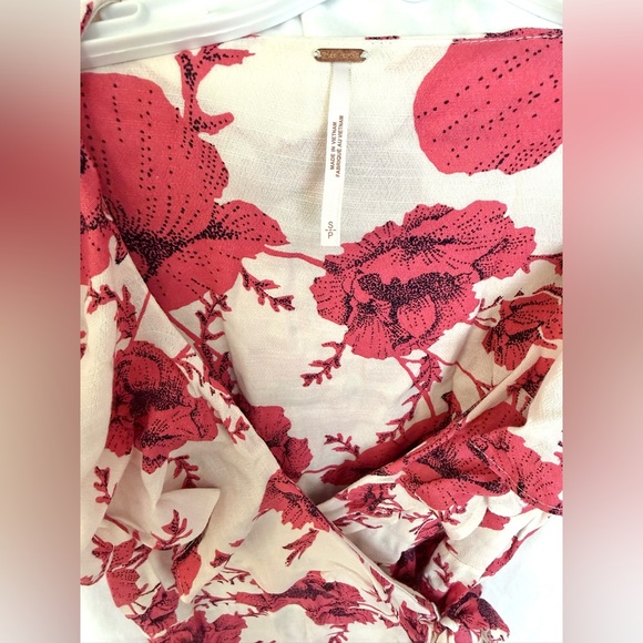 Free People Ruffle V-Neck Floral Wrap Dress in Red and White - Picture 3 of 4